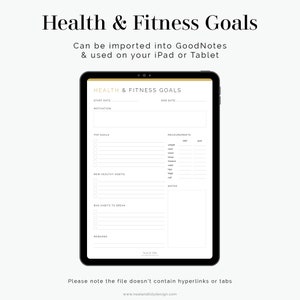 Puede incluir: Una plantilla de planificador digital para iPad o tableta, dise&ntilde;ada para realizar un seguimiento de los objetivos de salud y estado f&iacute;sico. La plantilla incluye secciones para las fechas de inicio y fin, la motivaci&oacute;n, los objetivos principales, los nuevos h&aacute;bitos saludables, los malos h&aacute;bitos que se deben romper, las recompensas y las medidas. La plantilla est&aacute; dise&ntilde;ada en un estilo minimalista con texto negro sobre fondo blanco.