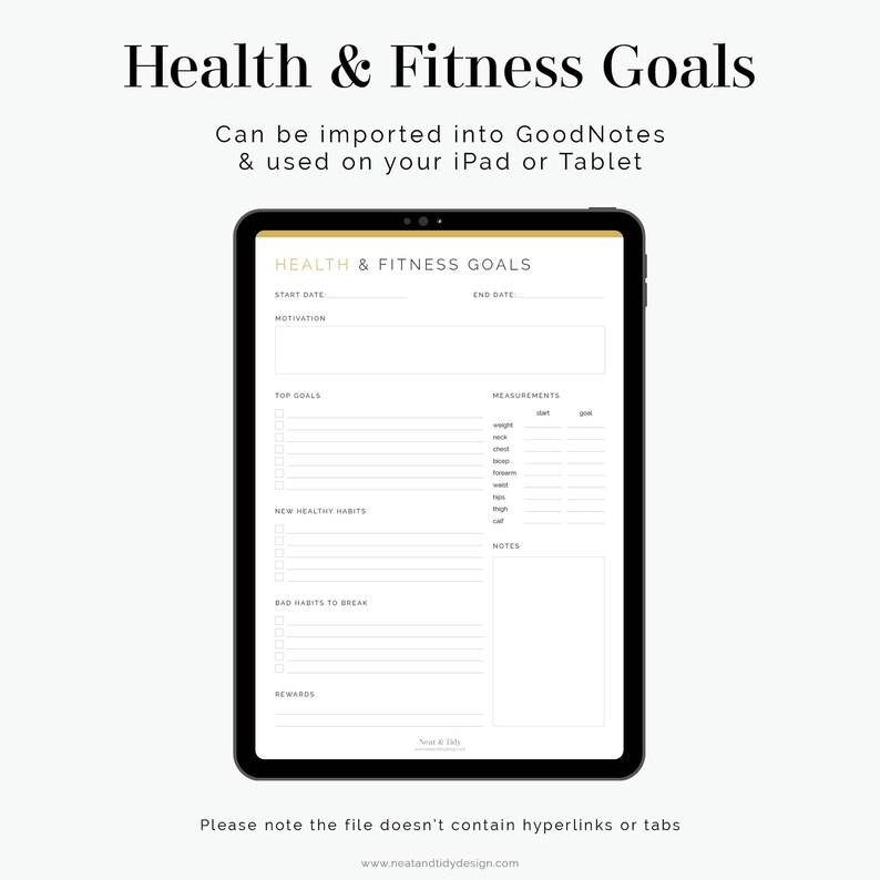 Puede incluir: Una plantilla de planificador digital para iPad o tableta, dise&ntilde;ada para realizar un seguimiento de los objetivos de salud y estado f&iacute;sico. La plantilla incluye secciones para las fechas de inicio y fin, la motivaci&oacute;n, los objetivos principales, los nuevos h&aacute;bitos saludables, los malos h&aacute;bitos que se deben romper, las recompensas y las medidas. La plantilla est&aacute; dise&ntilde;ada en un estilo minimalista con texto negro sobre fondo blanco.