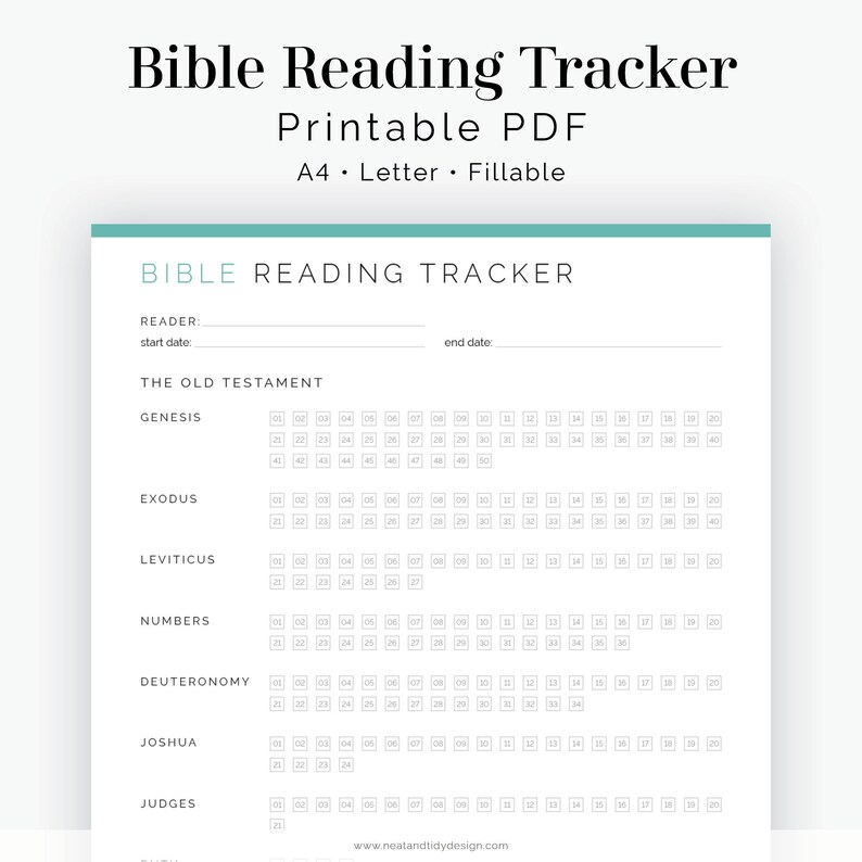 Puede incluir: Un rastreador de lectura de la Biblia imprimible en formato PDF. El rastreador est&aacute; dise&ntilde;ado para el Antiguo Testamento e incluye secciones para G&eacute;nesis, &Eacute;xodo, Lev&iacute;tico, N&uacute;meros, Deuteronomio, Josu&eacute; y Jueces. Cada secci&oacute;n tiene una cuadr&iacute;cula de cuadrados numerados para realizar un seguimiento del progreso de la lectura diaria.