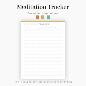 Puede incluir: Un rastreador de meditaci&oacute;n imprimible con un encabezado dorado y el texto "MEDITATION TRACKER". El rastreador tiene columnas para la fecha, la hora, la duraci&oacute;n, el tipo de meditaci&oacute;n, las notas y las ideas.