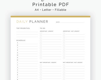 Daily Planner with To Do List Quadrant - Fillable - Printable PDF - Daily To Do List, Priority Matrix list - Instant Download