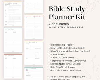 Kit de planificación de estudios bíblicos (9 documentos) / PDF rellenable e imprimible / Cristiano, registro de lectura bíblica, diario devocional / Descarga instantánea