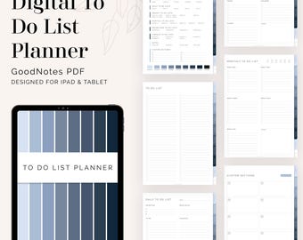Puede incluir: Un planificador de lista de tareas digital diseñado para iPad y tableta. El planificador presenta un esquema de color azul y gris con una variedad de secciones para tareas diarias, semanales y mensuales. El planificador también incluye una sección personalizada para que los usuarios puedan crear sus propias listas.