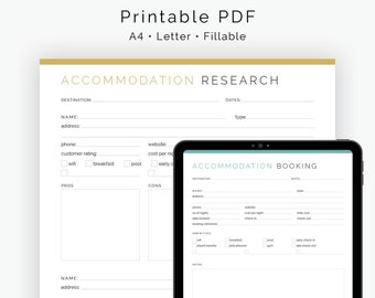 Travel Accommodation Research & Booking - Fillable - Travel Planner, Vacation Planner - Printable PDF A4, Letter - Instant Download
