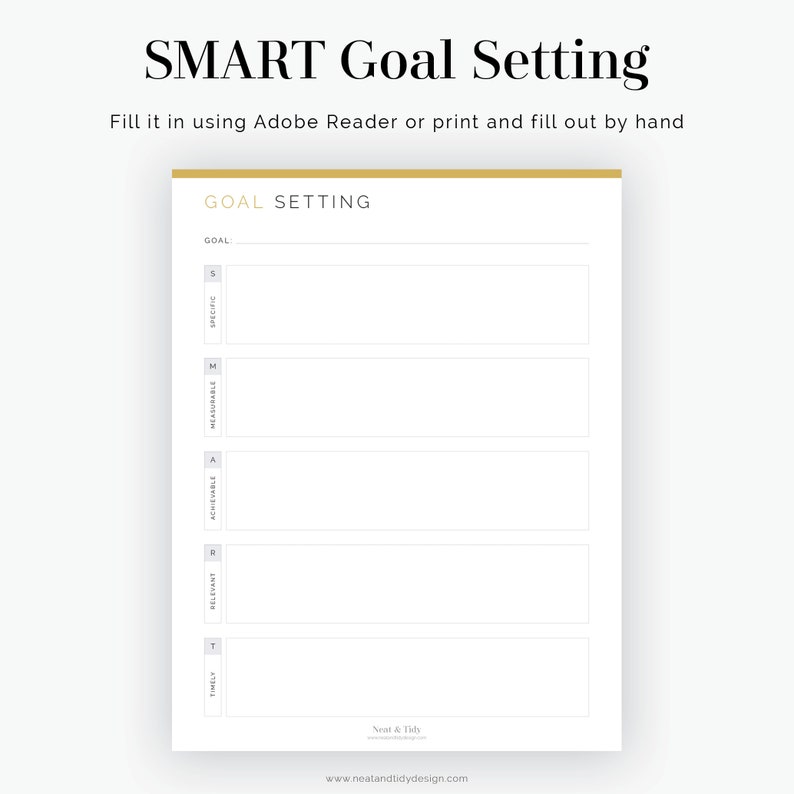 May include: A printable worksheet with a gold border and the text "GOAL SETTING" in a gold font. The worksheet is designed to help users set SMART goals by asking them to consider if their goals are Specific, Measurable, Achievable, Relevant, and Timely.