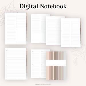 Puede incluir: Cuaderno digital con p&aacute;ginas rayadas y una cubierta con un patr&oacute;n a rayas en tonos marrones y beige. El texto "Digital Notebook" est&aacute; en la parte superior de la imagen.