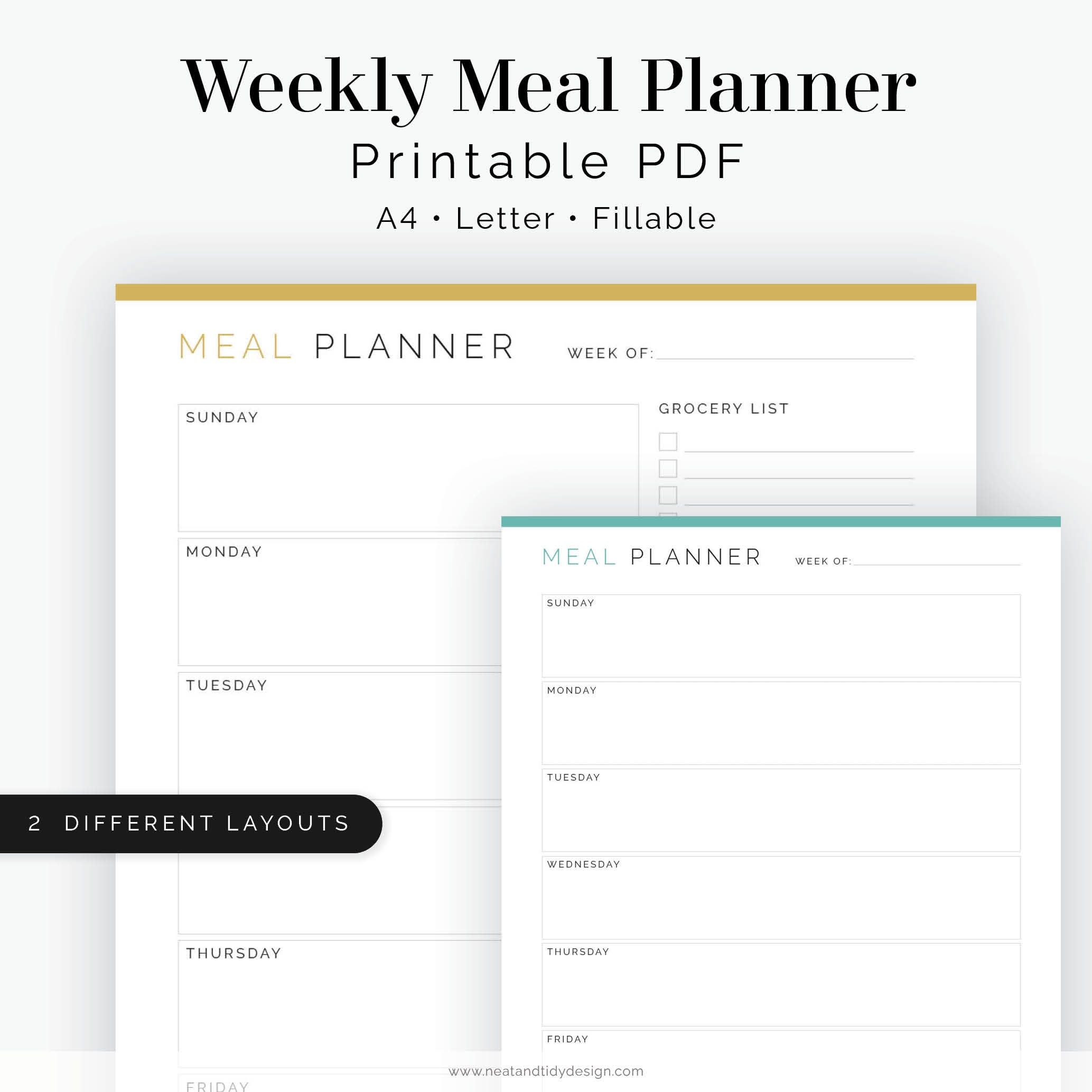 Weekly Meal Planner (v2) - 2 Layouts - Fillable - Printable PDF - Meal ...