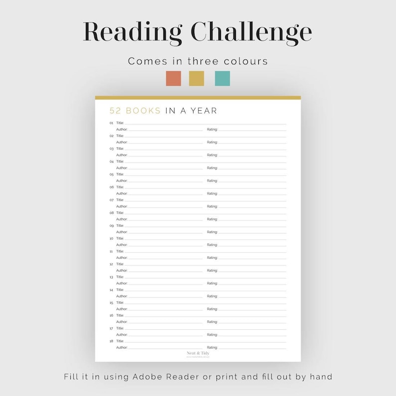 Reading Challenge 52 Books in a Year Fillable Printable Etsy