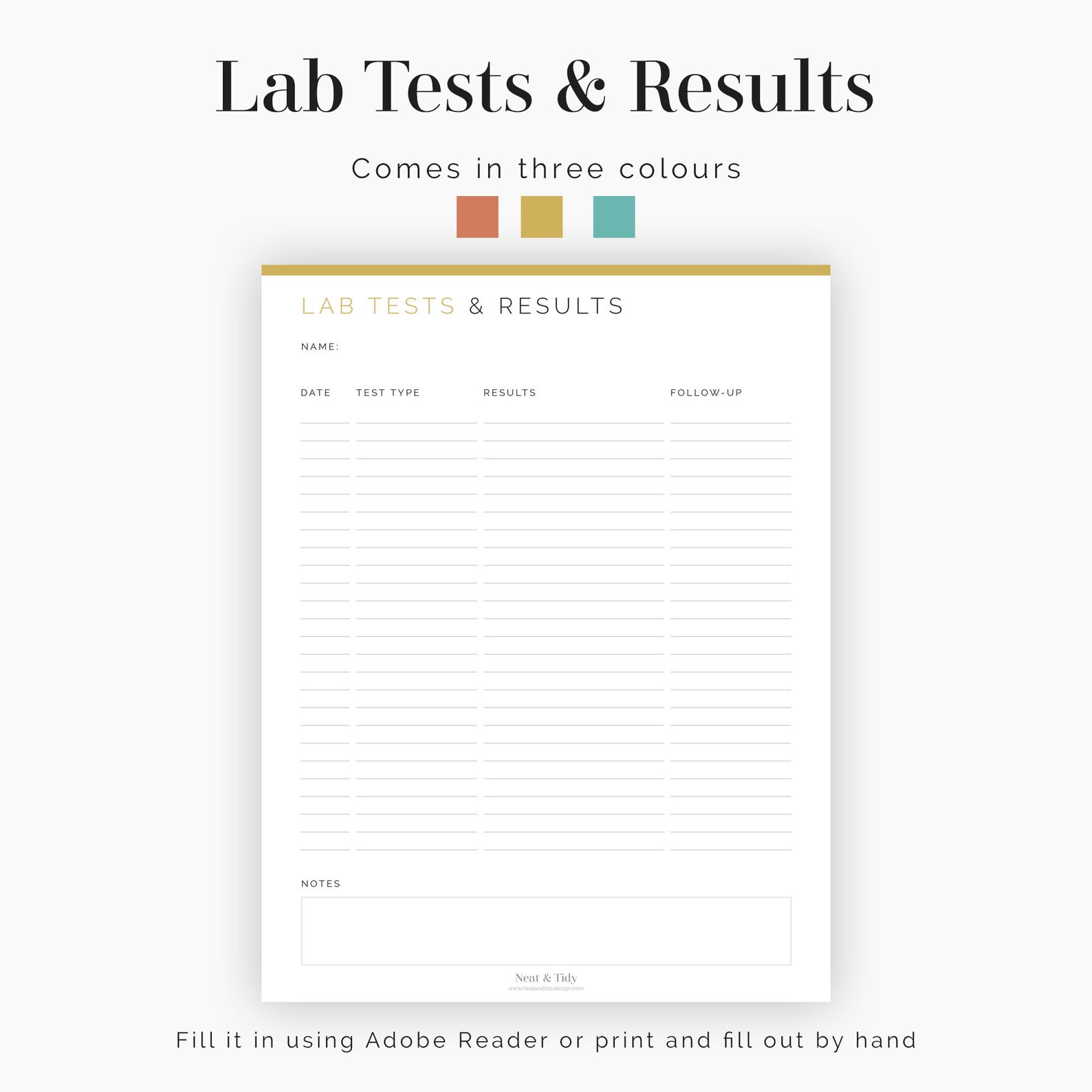 Lab Tests & Results Fillable 2 Layouts Health and Medical Log, Medical