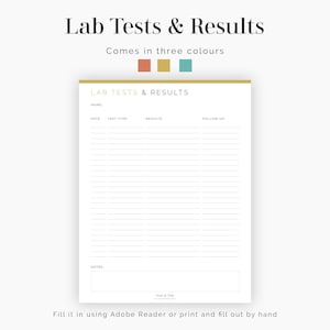 Lab Tests & Results - Fillable - 2 Layouts - Health and Medical Log ...