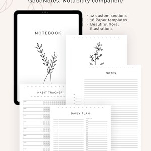 May include: Digital floral notebook with 12 custom sections, 18 paper templates, and beautiful floral illustrations. The notebook is compatible with GoodNotes and Notability.