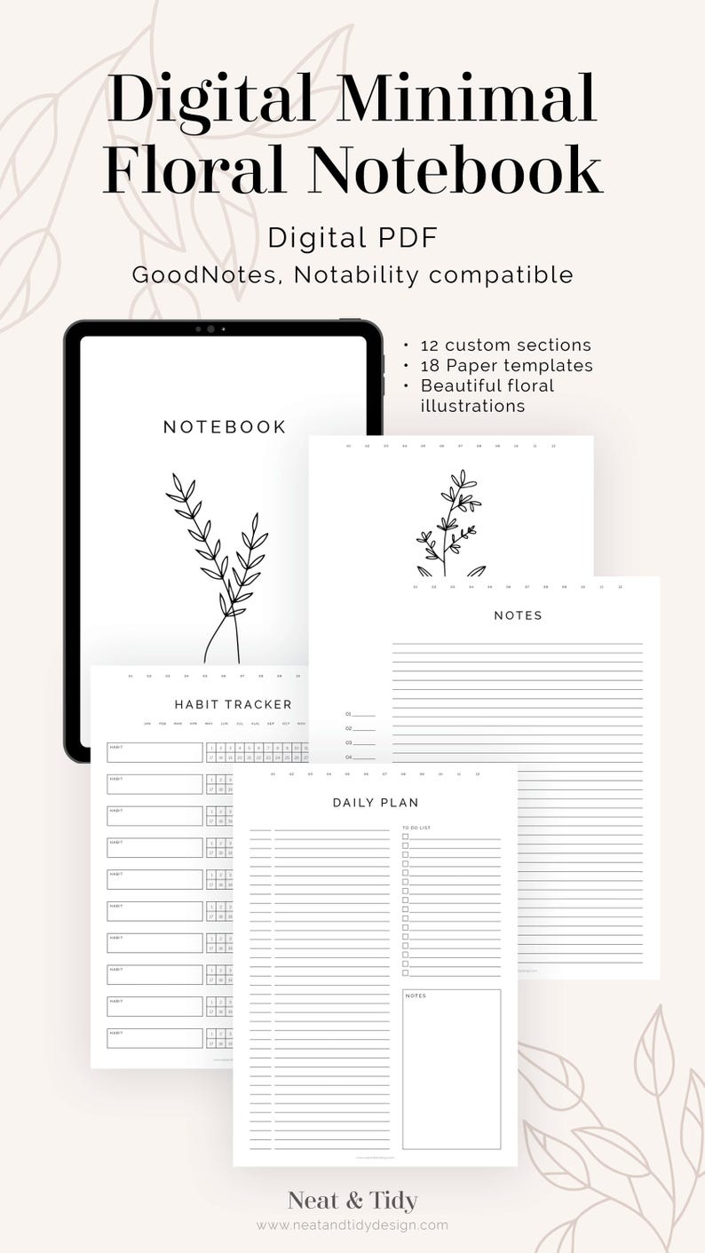 May include: Digital floral notebook with 12 custom sections, 18 paper templates, and beautiful floral illustrations. The notebook is compatible with GoodNotes and Notability.