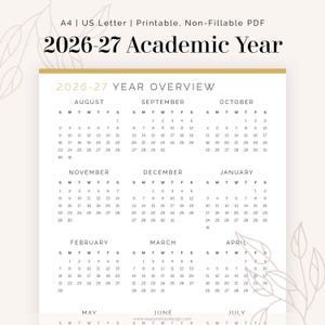 May include: A4 US Letter size printable academic year calendar for 2026-27. The calendar overview includes months from August to July, with a clean, minimalist design. The calendar is non-fillable.