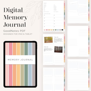 Puede incluir: Una plantilla de diario de memoria digital para iPad y tableta. La portada presenta un diseño a rayas de colores con el texto "Memory Journal". El diario incluye páginas para escribir, fotos y fechas.