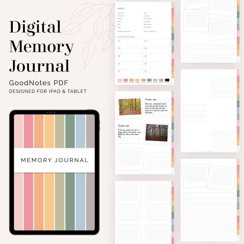 May include: A digital memory journal template for iPad and tablet. The cover features a colorful striped design with the text "Memory Journal". The journal includes pages for writing, photos, and dates.