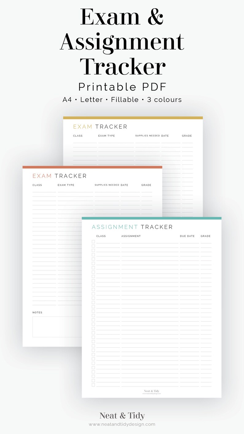 Exam & Assignment Trackers Fillable Printable PDF Student Planner, High ...