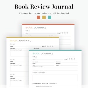 K&ouml;nnte beinhalten: Druckbare Buchrezensionsjournal-Vorlage in drei Farben: Koralle, Gold und T&uuml;rkis. Die Vorlage enth&auml;lt Abschnitte f&uuml;r Titel, Autor, Startdatum, Enddatum, Bewertung, Kommentare, Notizen und Gedanken. Sie enth&auml;lt auch einen Abschnitt f&uuml;r eine kurze Zusammenfassung.