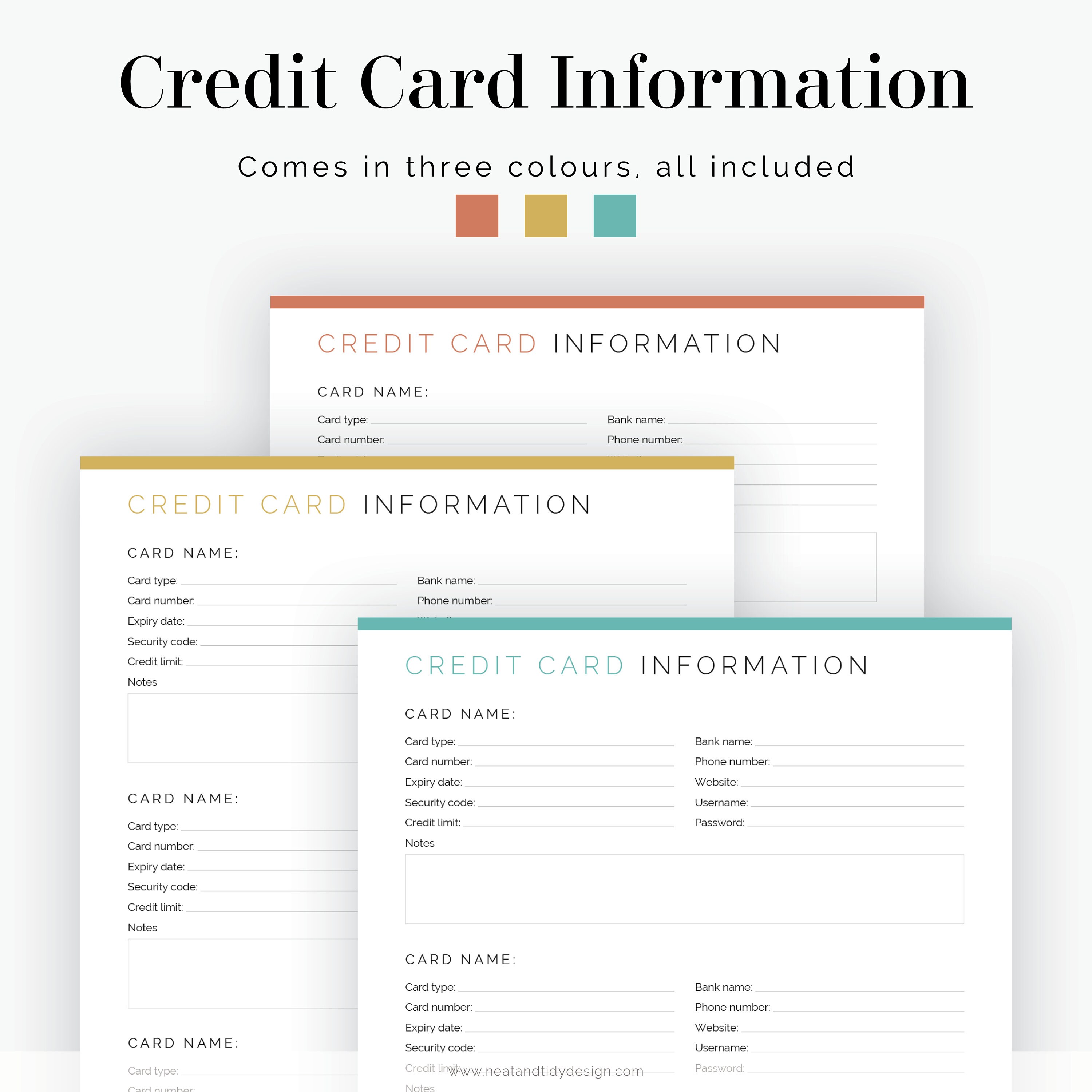Credit Card Information - Fillable - Printable PDF - Finance Planner ...