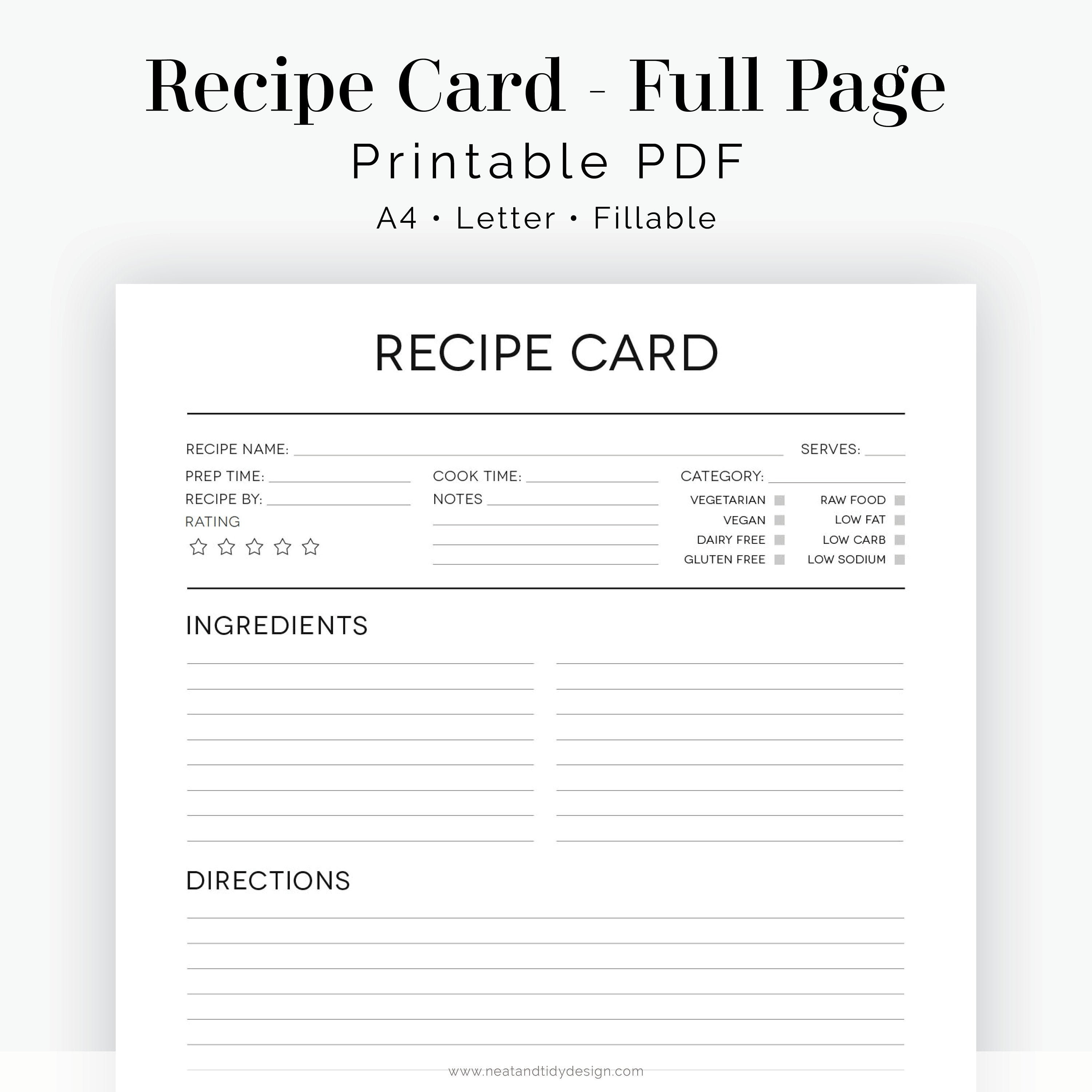 Recipe Card Full Page - Black &amp; White - Fillable - Printable PDF ...