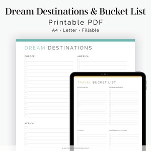 Lista de desejos de viagem e destinos dos sonhos - Preenchável - Planejador de viagens, planejador de férias - PDF para impressão A4, carta - Download instantâneo