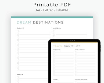 Travel Bucket List & Dream Destinations - Fillable - Travel Planner, Vacation Planner - Printable PDF A4, Letter - Instant Download