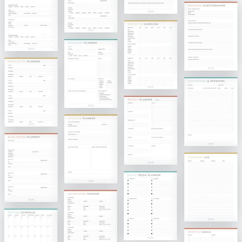 May include: A printable planner with 12 different sections for organizing your business. The sections include: Newsletter Planner, Blog Series Planner, Posting Schedule, Blog Post Planner, Affiliate Planner, Advertising Tracker, Statistics Overview, Weekly Planner, Social Media Planner, Branding Questionnaire, Advertisers & Sponsors, Password Log, and Monthly Goals.