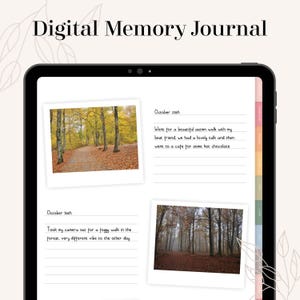 May include: A digital memory journal with two photos of a forest path. The top photo shows a path lined with trees in the fall with yellow leaves on the ground. The bottom photo shows a path lined with trees in the fall with fog in the background. The journal entry for the top photo reads "October 25th Wene for a beautiful outmn walk with my best friend we had a lovely talk and then went to a cafe for some hot chocolate". The journal entry for the bottom photo reads "October 30th Took my camera out for a foggy walk in the forest, very different vibe to the other day".