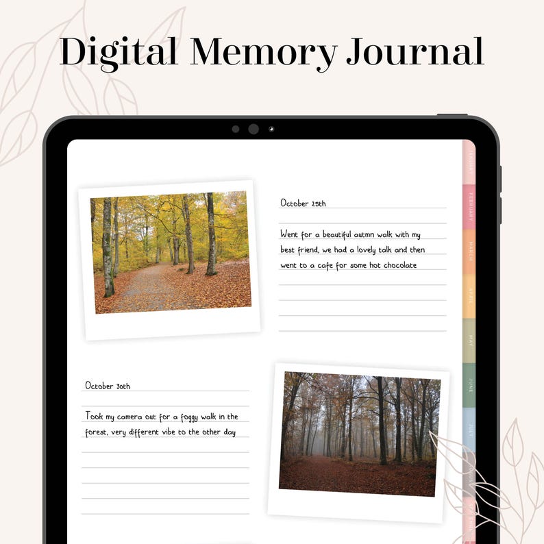 May include: A digital memory journal with two photos of a forest path. The top photo shows a path lined with trees in the fall with yellow leaves on the ground. The bottom photo shows a path lined with trees in the fall with fog in the background. The journal entry for the top photo reads "October 25th Wene for a beautiful outmn walk with my best friend we had a lovely talk and then went to a cafe for some hot chocolate". The journal entry for the bottom photo reads "October 30th Took my camera out for a foggy walk in the forest, very different vibe to the other day".