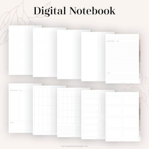 Puede incluir: Un cuaderno digital con varios dise&ntilde;os de p&aacute;gina, incluyendo p&aacute;ginas rayadas, cuadriculadas y en blanco. El cuaderno est&aacute; dise&ntilde;ado para uso digital y se puede utilizar para tomar notas, llevar un diario o planificar.
