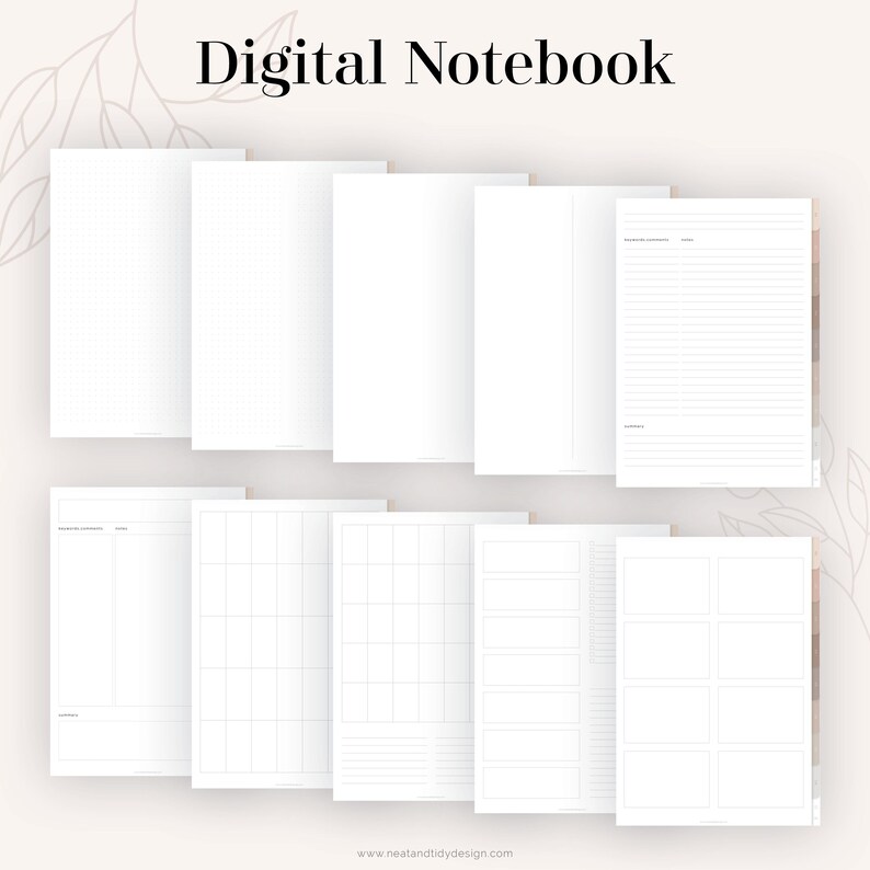 Puede incluir: Un cuaderno digital con varios dise&ntilde;os de p&aacute;gina, incluyendo p&aacute;ginas rayadas, cuadriculadas y en blanco. El cuaderno est&aacute; dise&ntilde;ado para uso digital y se puede utilizar para tomar notas, llevar un diario o planificar.