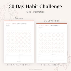 May include: Printable 30-day habit tracker in A4 and US Letter sizes. The tracker has 30 circles for each day of the month, with spaces for start date, habit, reward, and reflection.