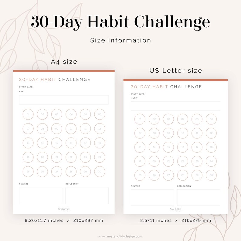 May include: Printable 30-day habit tracker in A4 and US Letter sizes. The tracker has 30 circles for each day of the month, with spaces for start date, habit, reward, and reflection.