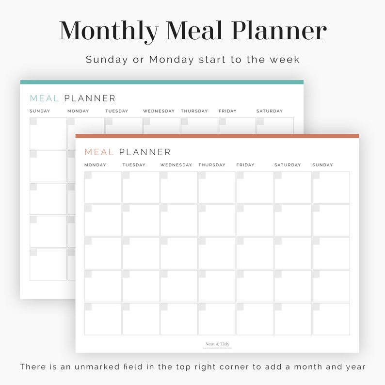 Monthly Meal Planner Sunday or Monday start Fillable | Etsy