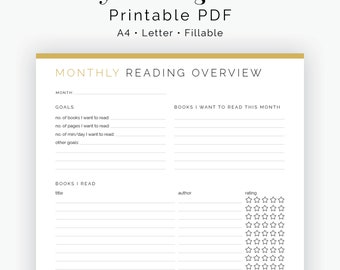 Monthly Reading Overview - Fillable - Printable PDF - Readers Kit, Book Lovers - Instant Download