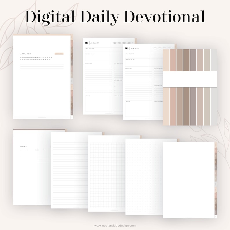 May include: A collection of digital daily devotional pages, including calendar, notes, and daily entry templates. The pages are white with light brown accents and the text "Digital Daily Devotional" at the top.