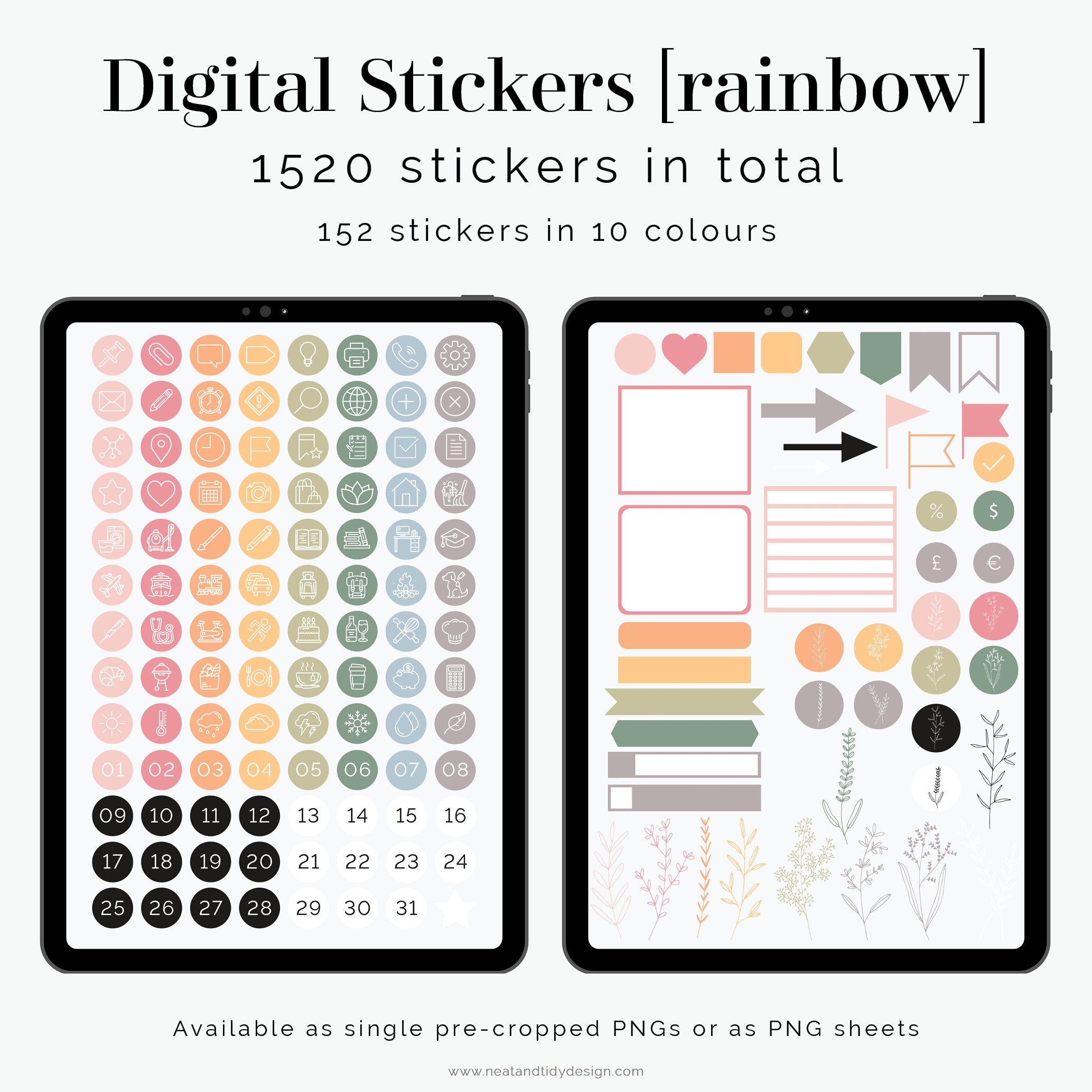 Op de afbeelding: Een digitale stickerblad met 1.520 stickers in 10 kleuren. De stickers zijn gerangschikt in een raster op het scherm van een tablet. De stickers omvatten een verscheidenheid aan ontwerpen, waaronder harten, pijlen, vlaggen en bloemen. De tekst "Digital Stickers [rainbow]" en "1520 stickers in total" wordt bovenaan de afbeelding weergegeven.