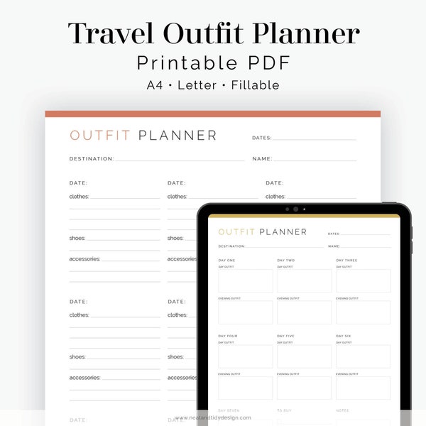 Travel Outfit Planner - Fillable - Travel Planner, Vacation Planner - Printable Organizational PDF - 3 colours - Instant Download