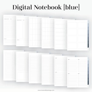 Op de afbeelding: Een digitaal notitieboek met verschillende pagina-indelingen, waaronder gelinieerde, geruite en blanco pagina's. Het notitieboek is ontworpen voor digitaal gebruik en heeft een blauw kleurenschema.