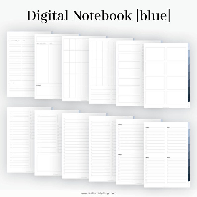 Op de afbeelding: Een digitaal notitieboek met verschillende pagina-indelingen, waaronder gelinieerde, geruite en blanco pagina's. Het notitieboek is ontworpen voor digitaal gebruik en heeft een blauw kleurenschema.