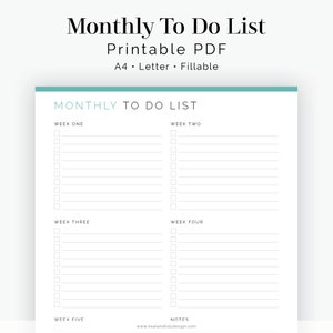 Lista de tareas mensuales (PDF imprimible, PDF rellenable, gestión de tareas, planificador de productividad, tamaño carta A4, planificador mensual - Descarga instantánea)