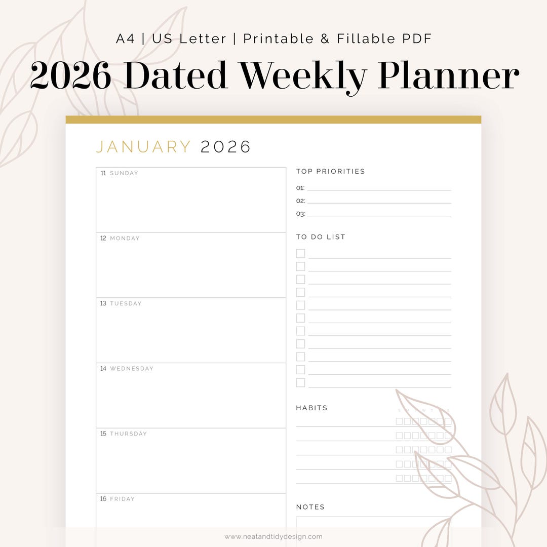 2026 Weekly Dated Planner, Fillable and Printable PDF - 2026 Weekly ...