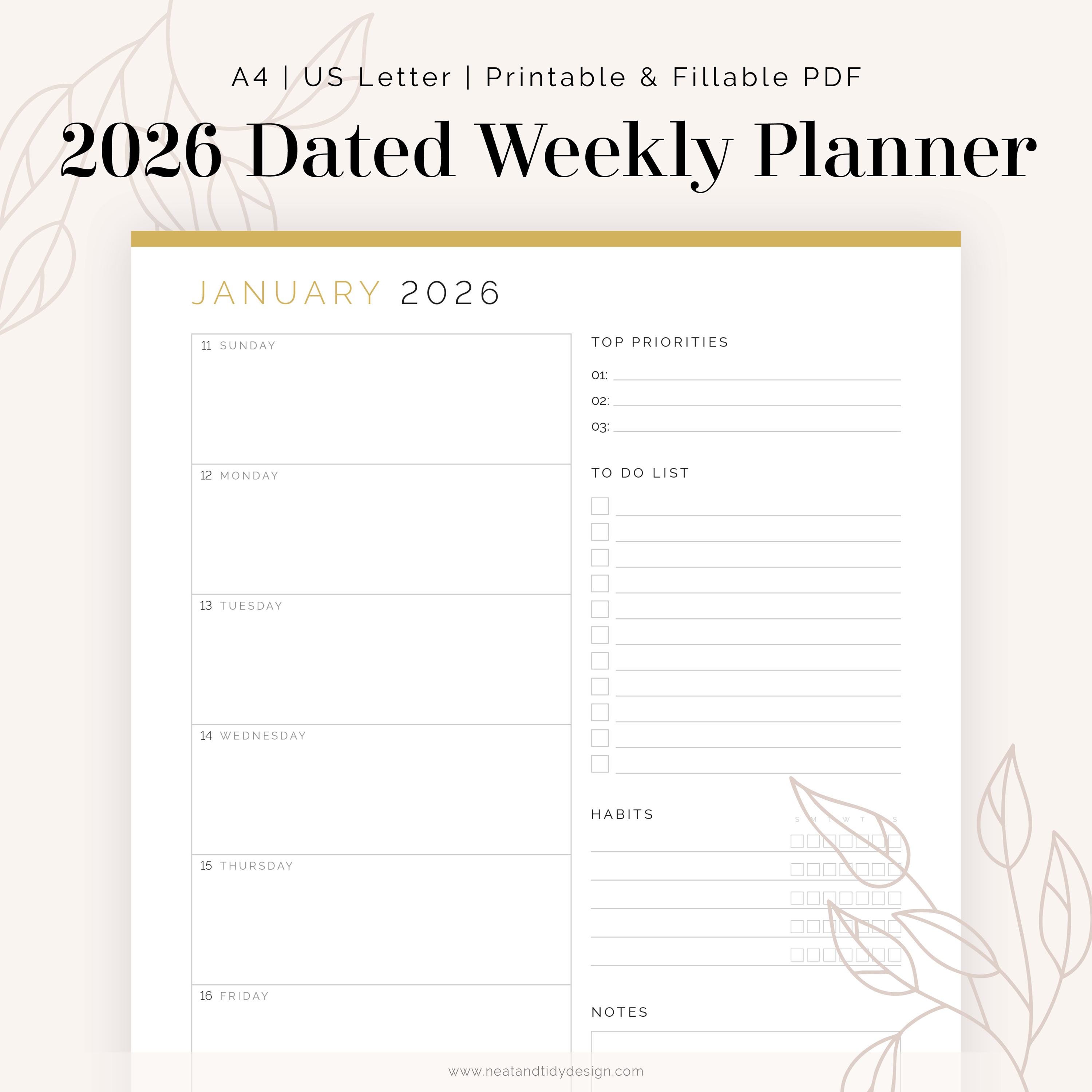 2026 Weekly Dated Planner, Fillable and Printable PDF - 2026 Weekly