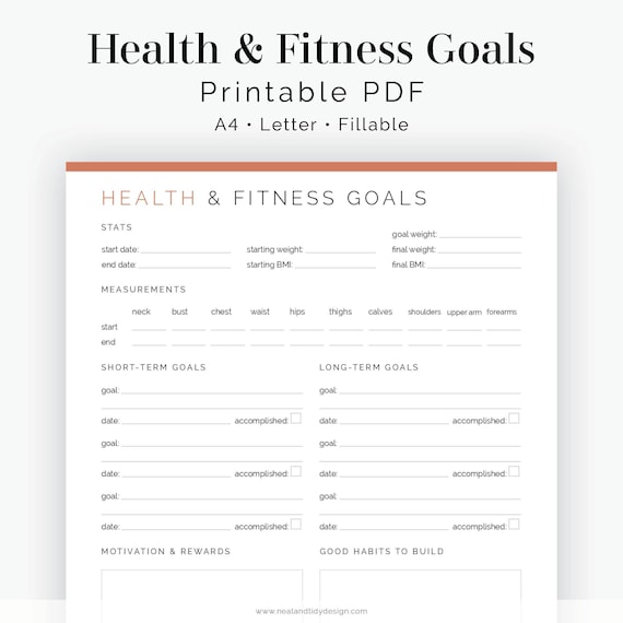 Health and Fitness Goals - Fillable - Printable PDF - Health & Fitness Planner - Instant Download