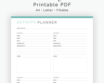 Travel Activity Planner - Fillable - Travel Planner, Vacation Planner - Printable PDF A4, Letter - Instant Download