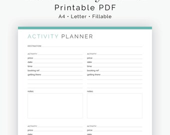 May include: A printable travel activity planner in PDF format. The planner is designed for A4 or Letter size paper and is fillable. The planner has sections for destination, activity, price, date, time, booking reference, getting there, and notes.
