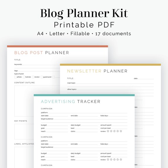 Blog Planner Kit (17 Documents) - Fillable - Printable PDF - Bundled Kit - Business Planner, Blogging Bundle - Instant Download