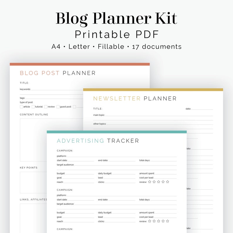 May include: A printable blog planner kit with 17 documents. The kit includes a blog post planner, a newsletter planner, and an advertising tracker. The planners are designed to help bloggers organize their content, track their progress, and manage their advertising campaigns.