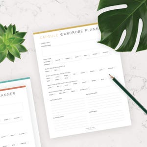 May include: A printable capsule wardrobe planner with sections for wardrobe goals, style theme, base colors, neutral colors, accent colors, patterns, favorite clothes, favorite shoes, and wishlist items.