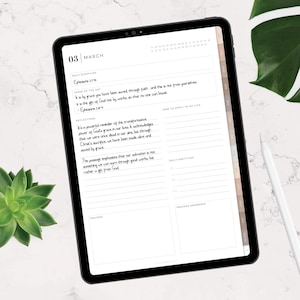 May include: A digital planner on a black tablet, featuring a March calendar page with handwritten notes and the scripture Ephesians 2:8-9. The planner includes sections for daily scripture, reflections, and gratitude.