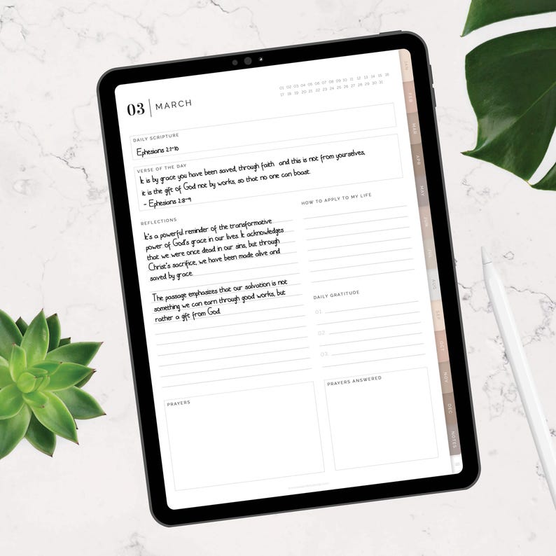 May include: A digital planner on a black tablet, featuring a March calendar page with handwritten notes and the scripture Ephesians 2:8-9. The planner includes sections for daily scripture, reflections, and gratitude.